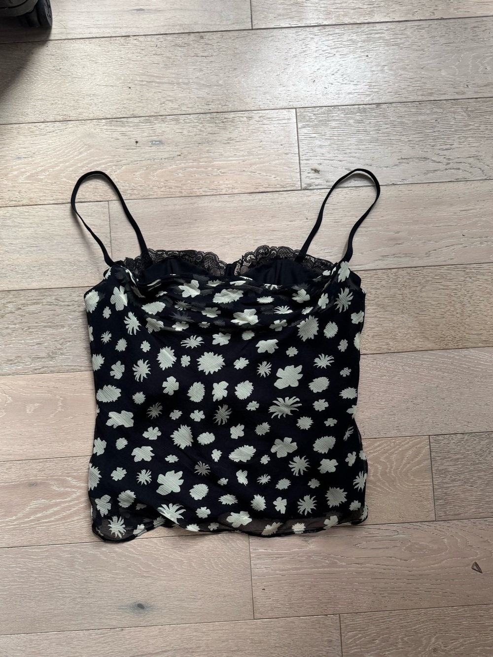 STAUD Black Floral Lace-Trim Cami with Cream Flowers